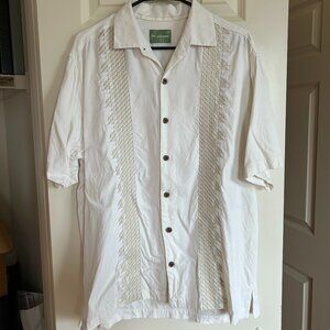 Tommy Bahama Silk Camp Shirt, White Embroidered Cuban Guayabera Style, Medium